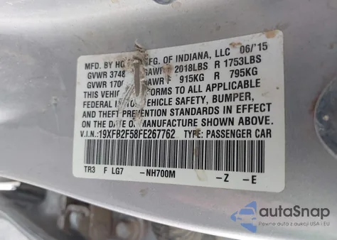 2015 Honda Civic Lx z USA, uszkodzony, nr VIN 19XFB2F58FE267762